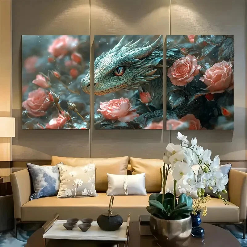 3pcs Fantasy Enchanting Green Dragon & Roses Metal Print Ready to Hang Art