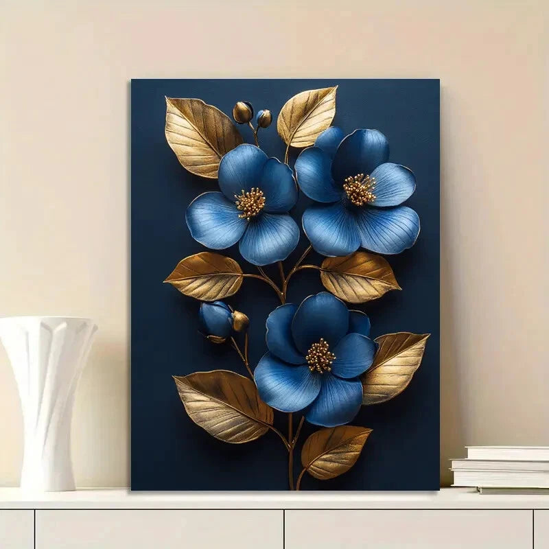 Elegant Blue and Golden Floral Golden 40x60cm Metal Print Ready to Hang