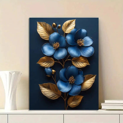 Elegant Blue and Golden Floral Golden 40x60cm Metal Print Ready to Hang