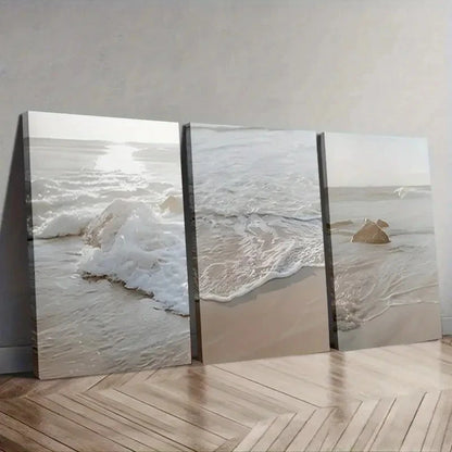 3pcs Ocean Scene with Sandy Shore & Wave Crests Wall Art Set Canvas Framed 60x90cm - High Quality Print 100% Australian Made Wall Canvas Ready to Hang