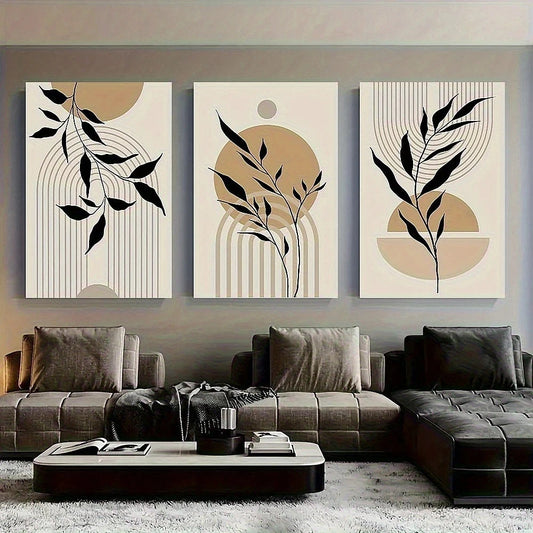 3pcs Abstract Black Leaf Line Geometric Pattern Metal Print Ready to Hang Art