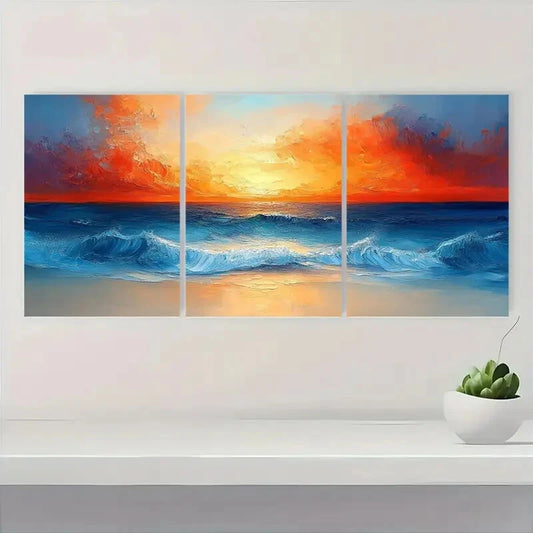 3pcs Vibrant Sunset Seascape Blue & Orange Ocean Metal Print Ready to Hang Art