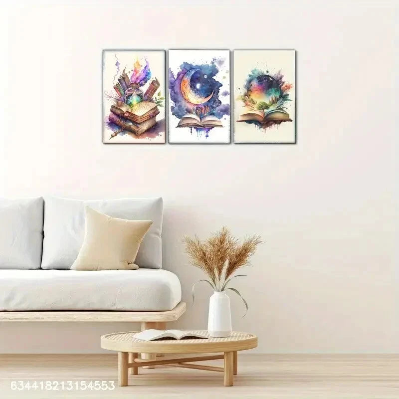 3pcs Books Magical Books Moon and Planets Metal Print Ready to Hang Art