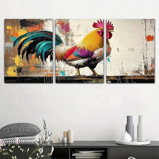 3pcs Rooster Feather Color Oil Paintings Metal Print Ready to Hang Art