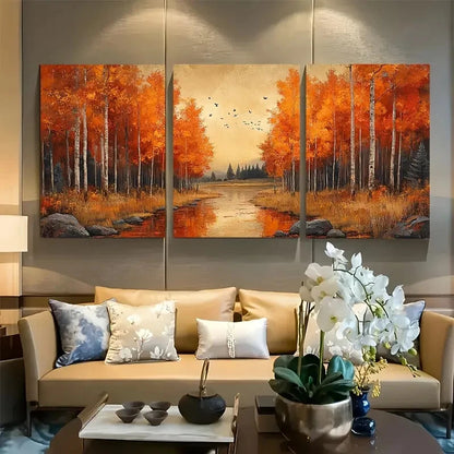 3pcs Vibrant Fall Foliage Serene River & Birds Metal Print Ready to Hang Art