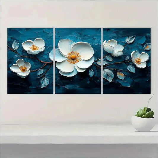 3pcs Floral Abstract Oil Paintings White Flowers Metal Print Ready to Hang Art