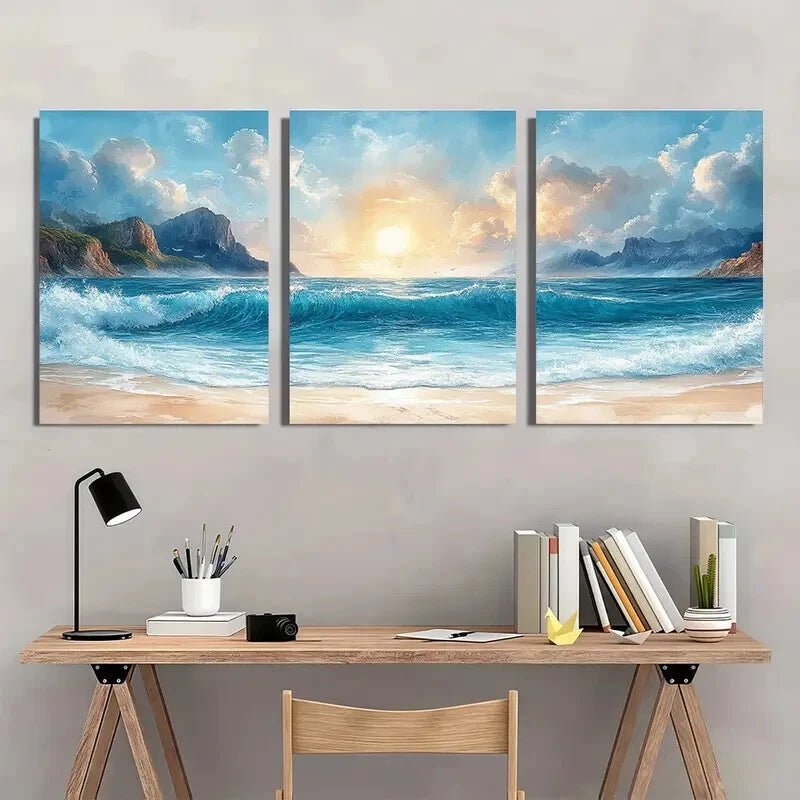 3pcs Ocean Beach Sunset with Waves and Mountains Metal Print Ready to Hang Art