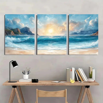 3pcs Ocean Beach Sunset with Waves and Mountains Metal Print Ready to Hang Art