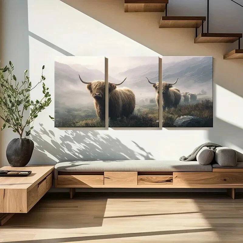3pcs Highland Cattle Mountain Landscape Scene Metal Print Ready to Hang Art