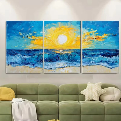 3pcs Impasto Seascape Sunset Ocean Oil Painting Metal Print Ready to Hang Art