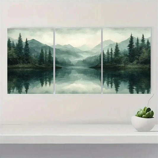 3pcs Abstract Green Forest Lake Nature Art Metal Print Ready to Hang Art