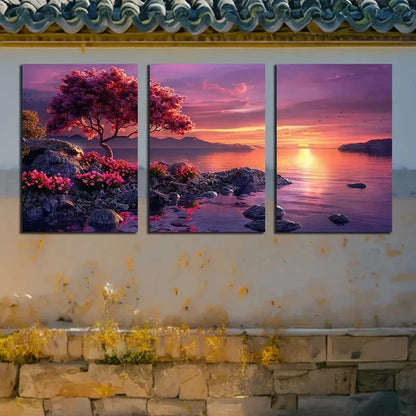 3pcs Cherry Blossom Trees By The Lake Metal Print Ready to Hang Art