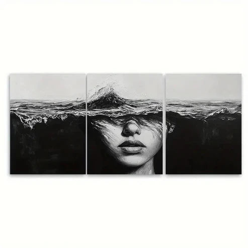 3pcs Abstract Lady Face Black And White Ocean Wall Art Canvas Unframed - High Quality Print 100% Australian Made Wall Canvas