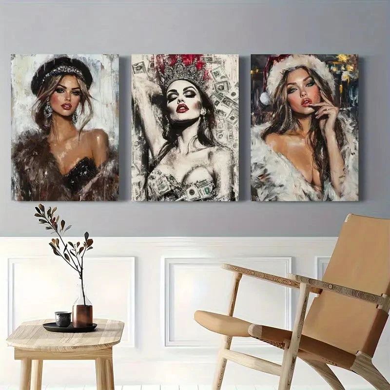 3pcs Women with Crown Fur and Money Elements Metal Print Ready to Hang Art