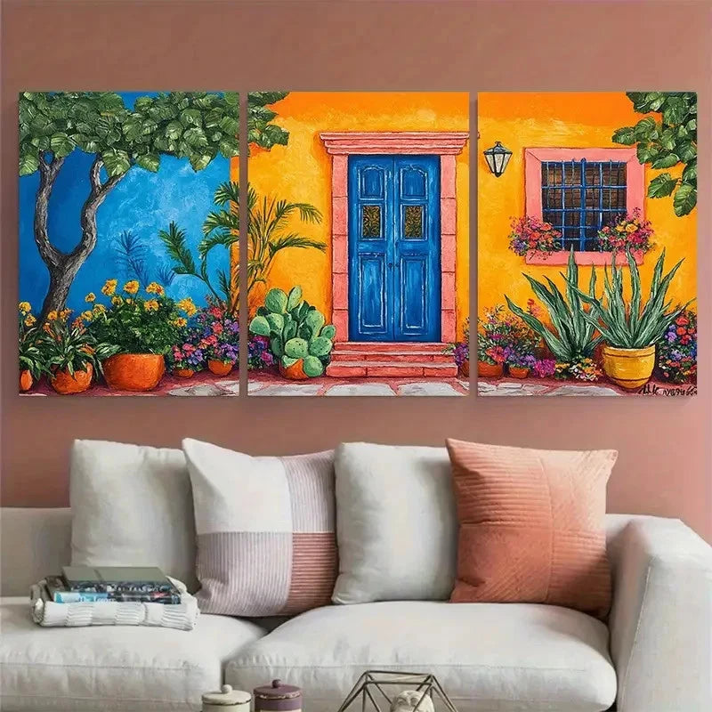 3pcs Colorful Mexican House Courtyard Garden Metal Print Ready to Hang Art