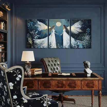 3pcs Angelic Figures White Wings Moonlight Metal Print Ready to Hang Art