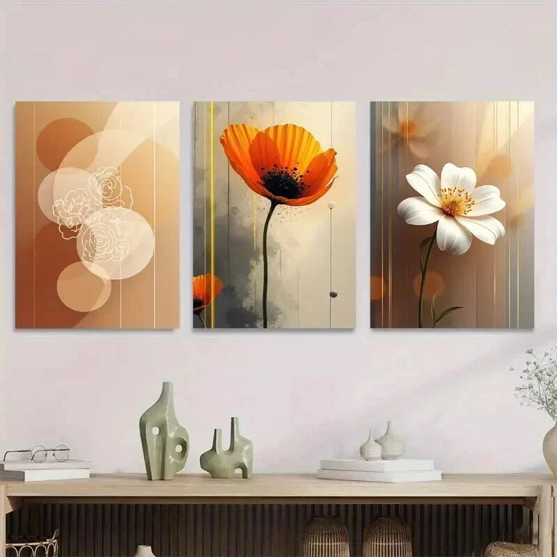 3pcs Abstract Floral Vertical Orange & White Wall Art Set Canvas Framed 50x70cm - High Quality Print 100% Australian Made Wall Canvas Ready to Hang