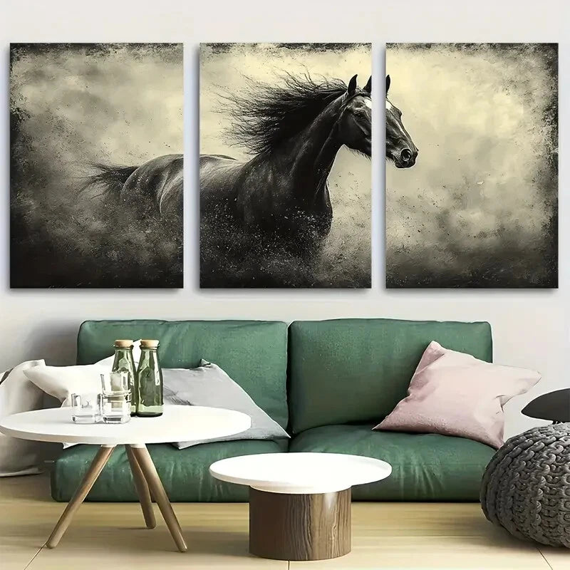 3pcs Black Horse Running Metal Print Ready to Hang Art