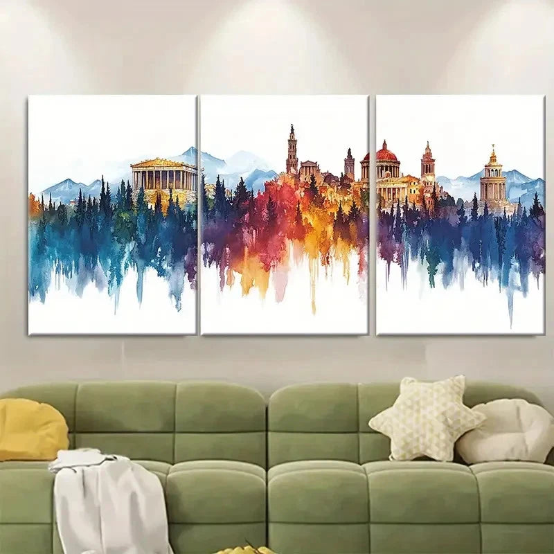 3pcs GREECE Skyline Colorful Landmark Illustration Metal Print Ready to Hang Art