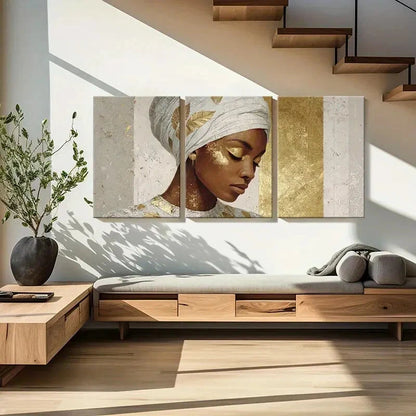 3pcs Golden Leaf Woman Portrait Elegant Metal Print Ready to Hang Art