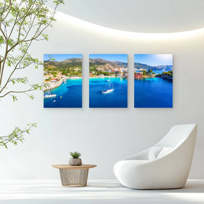 3pcs Colorful Houses Of Assos Village Bay Wall Art Set Canvas Framed 60x90cm - High Quality Print 100% Australian Made Wall Canvas Ready to Hang
