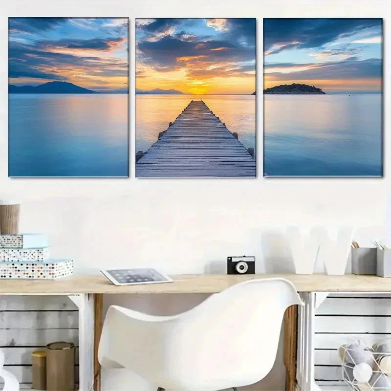 3pcs Tranquil Seascape Sunset at the Beach Metal Print Ready to Hang Art