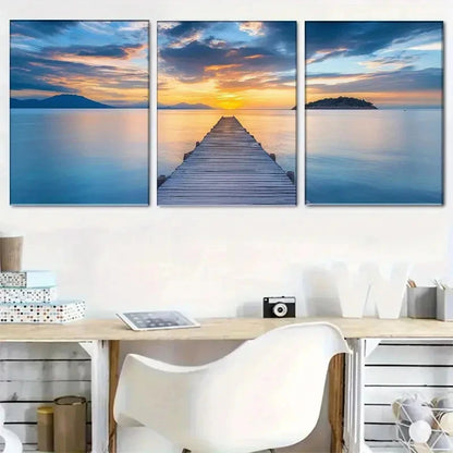 3pcs Tranquil Seascape Sunset at the Beach Metal Print Ready to Hang Art