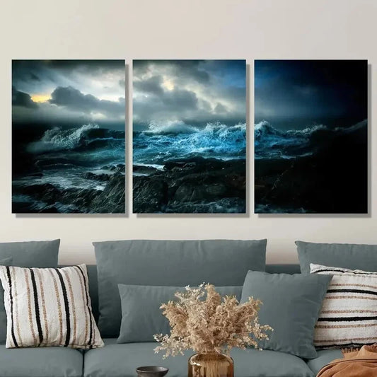 3pcs Contemporary Ocean Waves at Night Metal Print Ready to Hang Art