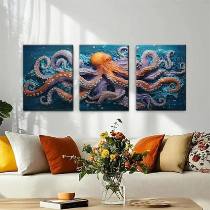 3pcs Vibrant Octopus Deep Sea Tentacle Perfect Wall Art Set Canvas Framed 40x60cm - High Quality Print 100% Australian Made Wall Canvas Ready to Hang