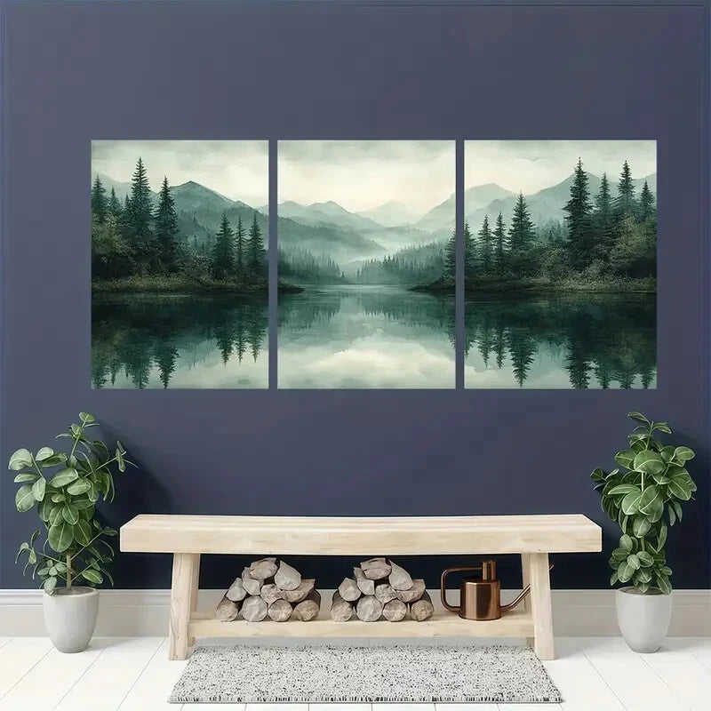 3pcs Abstract Green Forest Lake Nature Art Metal Print Ready to Hang Art