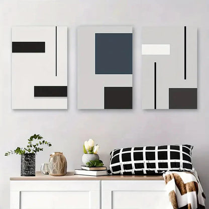 3pcs Abstract Black White & Teal Shapes with Grey Metal Print Ready to Hang Art