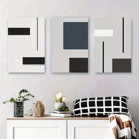 3pcs Abstract Black White & Teal Shapes with Grey Metal Print Ready to Hang Art