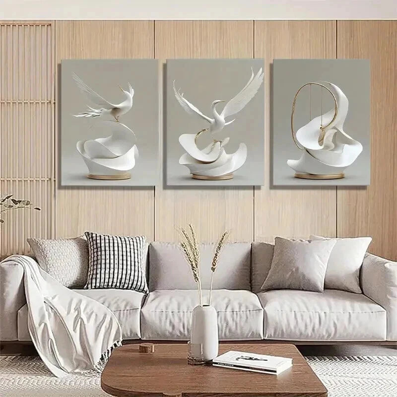 3pcs Elegant White Crane Modern Luxury Perfect Wall Art Set Canvas Framed 40x60cm - High Quality Print 100% Australian Made Wall Canvas Ready to Hang