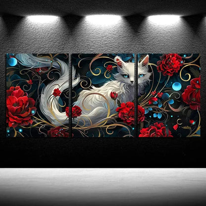 3pcs Vibrant Charming White Fox & Rose Design Metal Print Ready to Hang Art