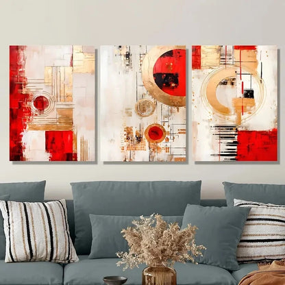 3pcs ,Red Abstract Geometry Metal Print Ready to Hang Art