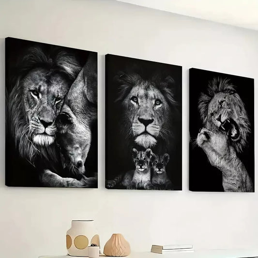 3pcs Lion House, animal Black and White print Wall Art Set Canvas Framed 40x60cm - High Quality Print 100% Australian Made Wall Canvas Ready to Hang