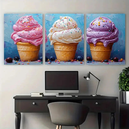 3pcs Ice Cream Candy Food Cafe Design Metal Print Ready to Hang Art
