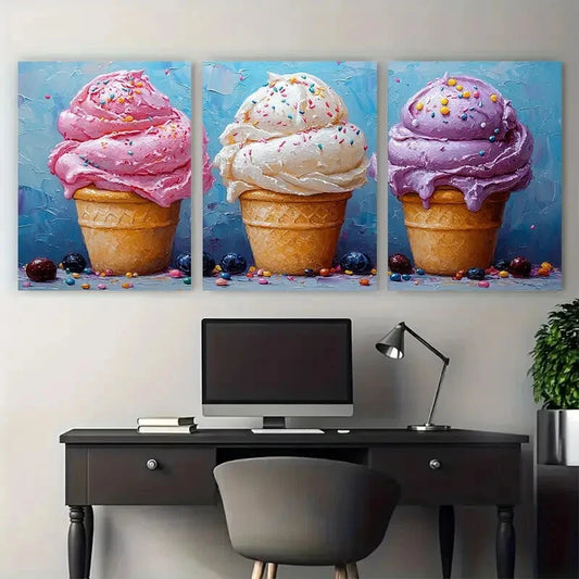 3pcs Ice Cream Candy Food Cafe Design Metal Print Ready to Hang Art