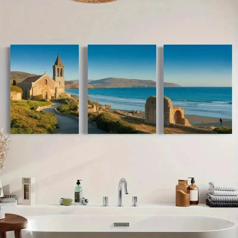 3pcs Natural Beach Scene with Church & Blue Sea Metal Print Ready to Hang Art