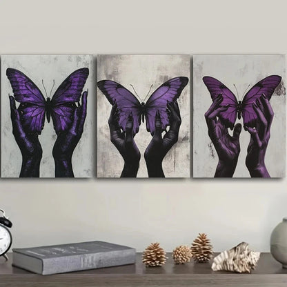 3pcs Purple Butterfly Classic Modern Style Metal Print Ready to Hang Art