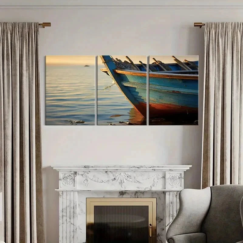 3pcs Blue Wooden Boat Sunset Reflection Water SceneMetal Print Ready to Hang Art
