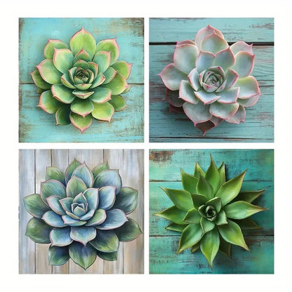 4pcs Vibrant Green & Pink Foliage Design Wall Art Canvas Framed