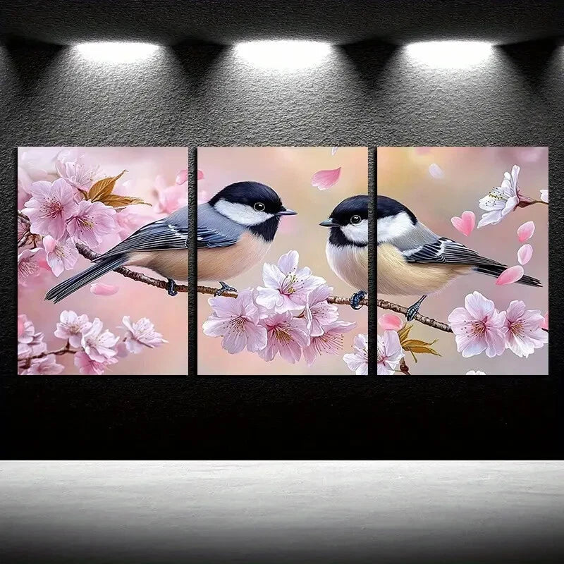 3pcs Vibrant Birds on Pink Floral Branches Scene Metal Print Ready to Hang Art