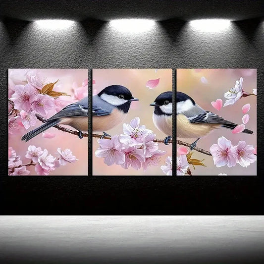 3pcs Vibrant Birds on Pink Floral Branches Scene Metal Print Ready to Hang Art