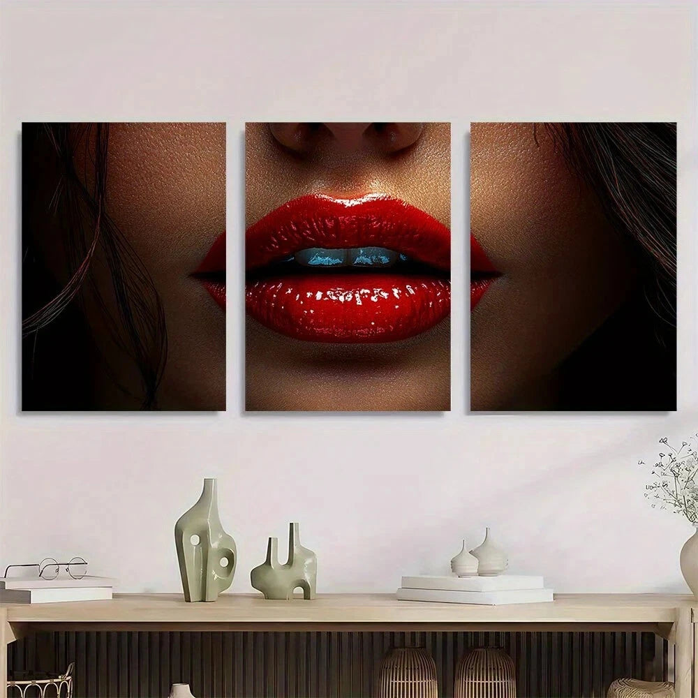 3pcs Bold Red Lips Abstract Short Bob Hairstyle Metal Print Ready to Hang Art