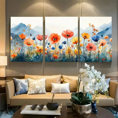 3pcs Vibrant Beautiful Wildflowers & Mountain View Metal Print Ready to Hang Art