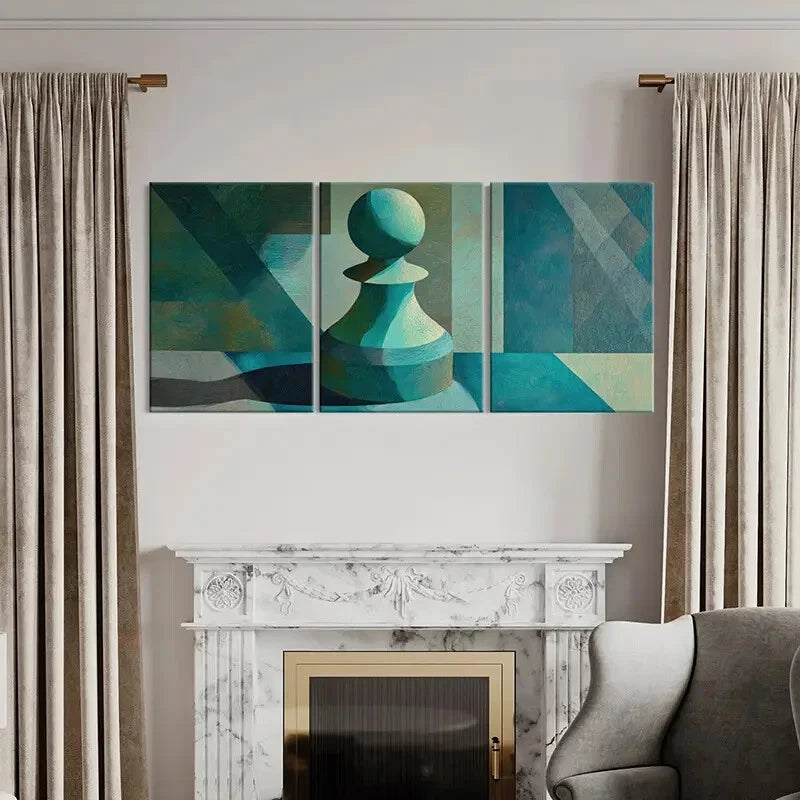 3pcs Abstract Chess Piece Geometric Patterns Blue Metal Print Ready to Hang Art