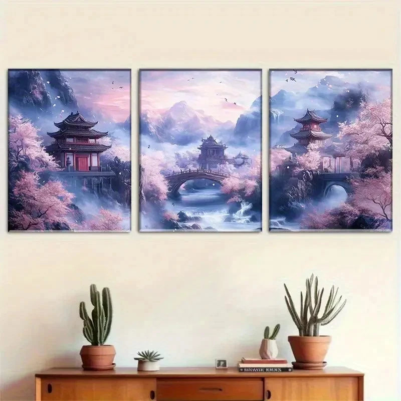 3pcs Featuring Tall Buildings Cherry Blossoms Metal Print Ready to Hang Art