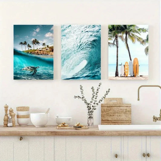 3pcs Sea Turtles in Waves Palm Trees Metal Print Ready to Hang Art