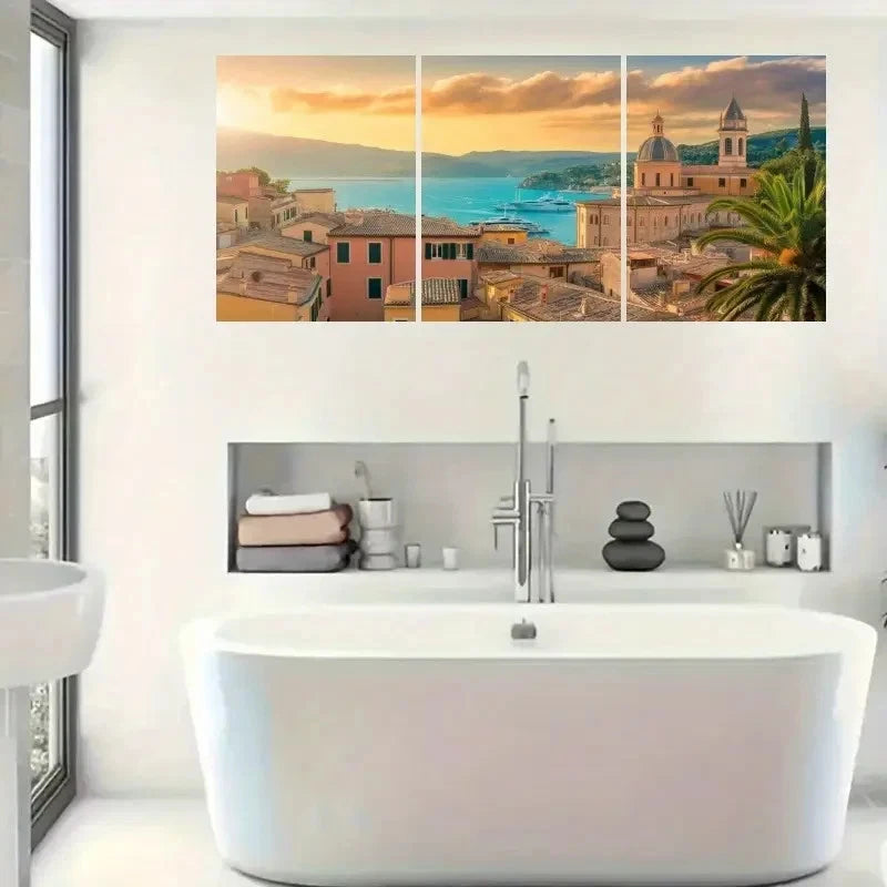 3pcs Mediterranean Buildings Marina Yachts Metal Print Ready to Hang Art